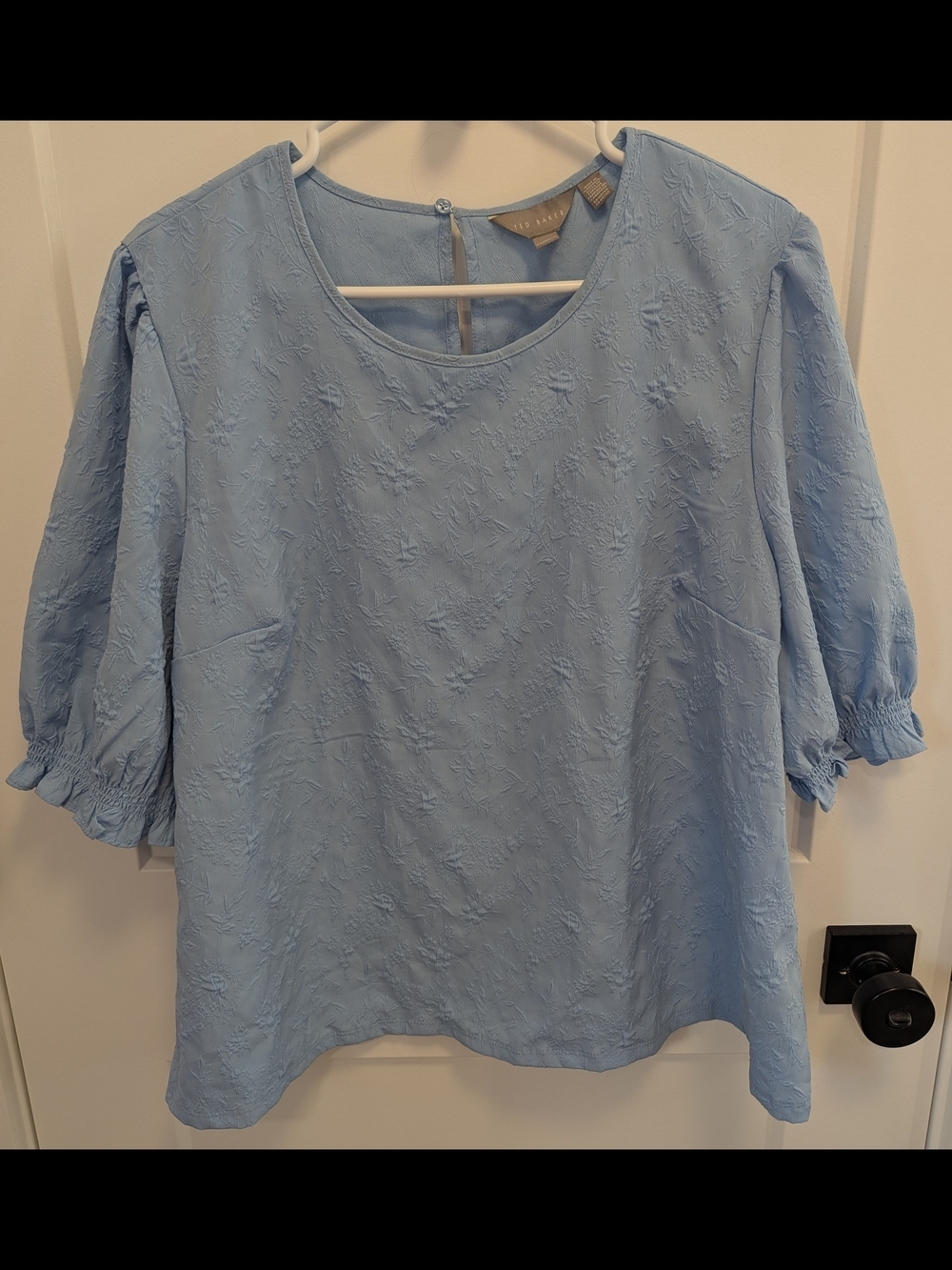 2/$40 Ted Baker Light Blue Puff Sleeve Blouse with textured floral - Picture 2 of 8